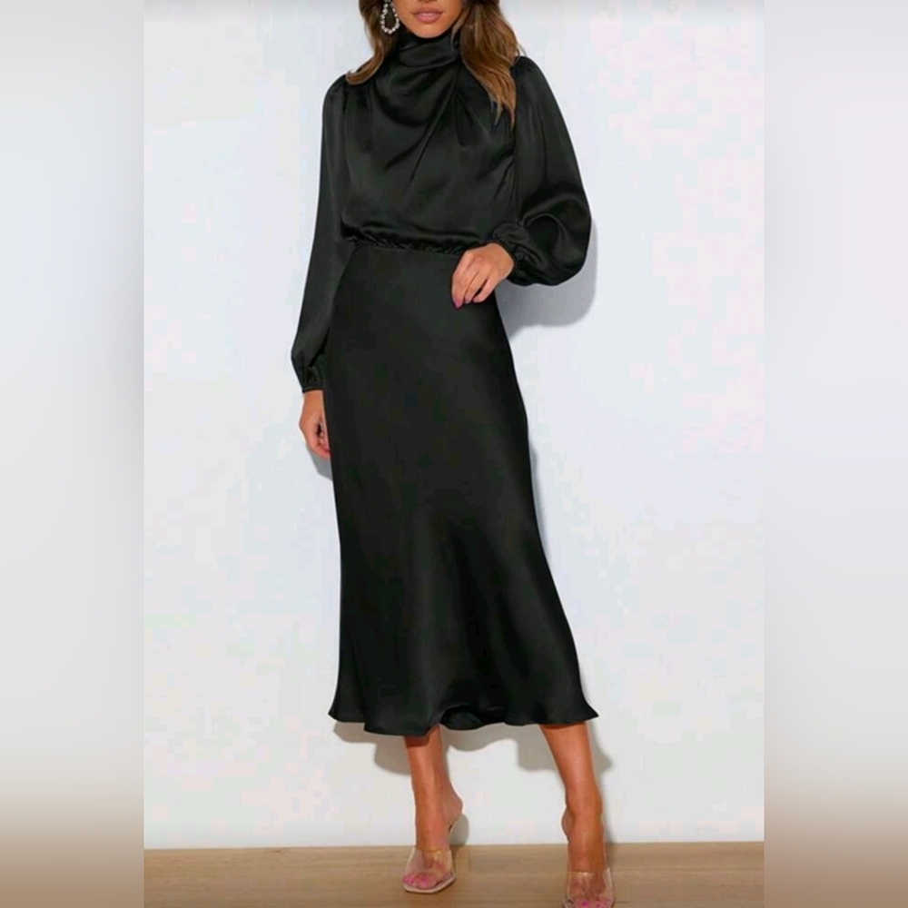 NEW Chic Draped Wrap Halter Neck Satin Midi Dress Bishop Long Sleeve Black - Picture 2 of 9